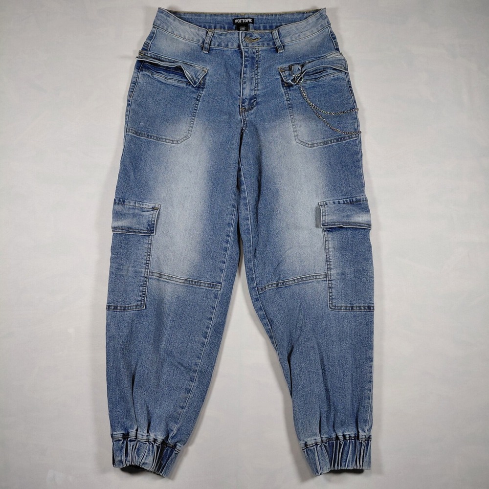 Hot Topic Womens Blue Denim Cargo Jogger Jeans with Chain Detail Size‎ 11